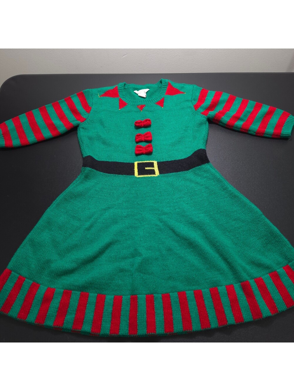 Girls Christmas Elf Dress Green Red Knit Holiday Dress